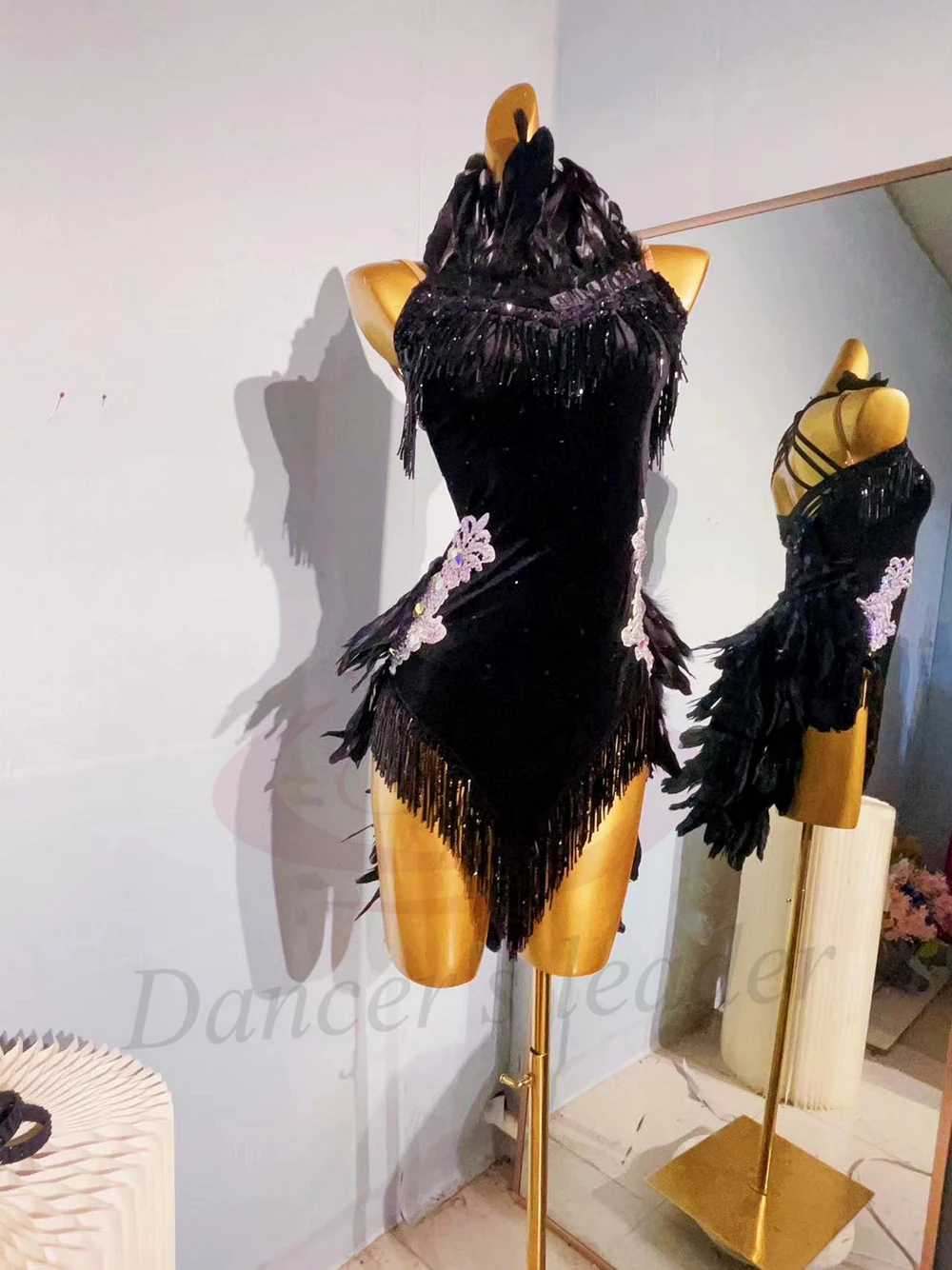 Latin Dance Adult Children’S Dress AB Stone High-End Custom Black Feather Cha Tango Women’S Professional Clothing