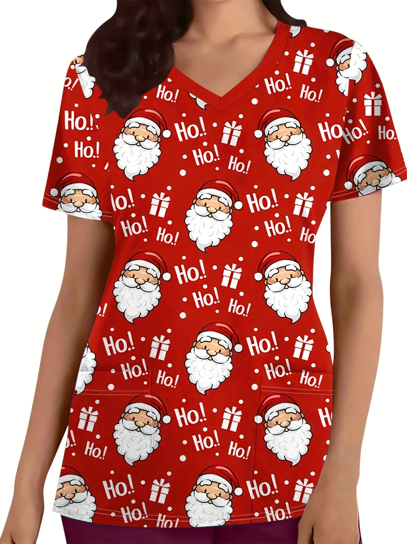 Festive Christmas Santa Claus Print V-Neck Top with Pockets Comfortable Stylish Women’s Nurse Uniform,Short Sleeve,Polyester