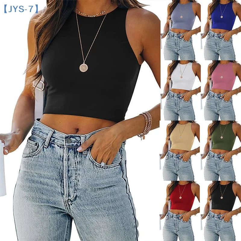 Round Neck Women Summer Cloth Sexy Fashion Simple Solid Color Sleeveless Camisole Tight Stretch Streetwear
